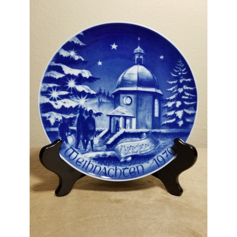 Christmas 1970 Bavaria Germany Wall Decor Blue Plate 8" Silent Night Chapel Vtg